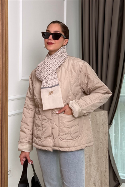 Kapitone Şallı Mont - KREM