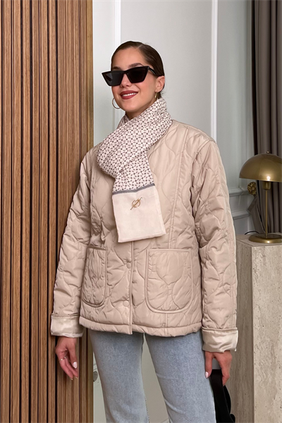 Kapitone Şallı Mont - KREM