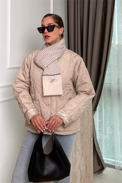 Kapitone Şallı Mont - KREM