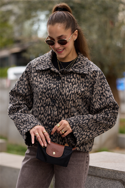 Kaşe Leopar Ceket - KAHVERENGİ