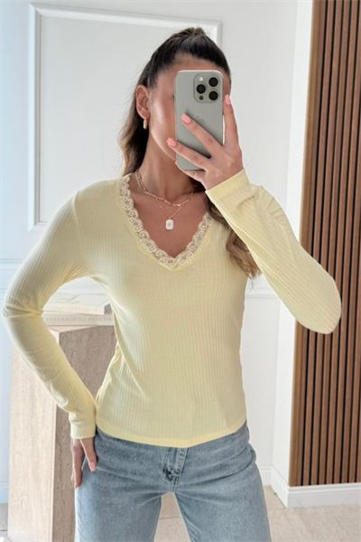 Kaşkorse Dantelli Bluz - SARI