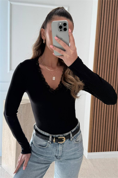 Kaşkorse Dantelli Bluz - SİYAH