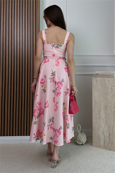 Kemerli Desenli Elbise - PEMBE