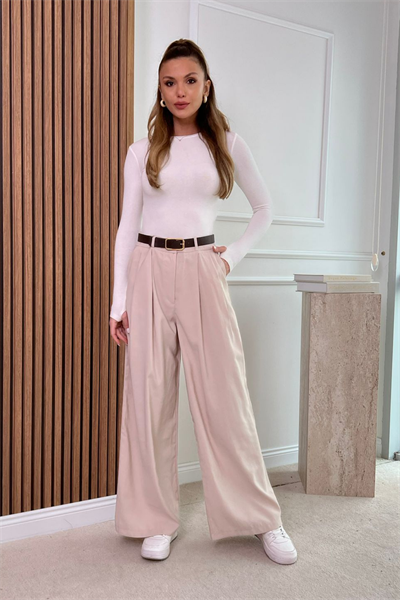 Kemerli Modal Pantolon - KREM