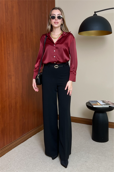 Kemerli Palazzo Pantolon - SİYAH