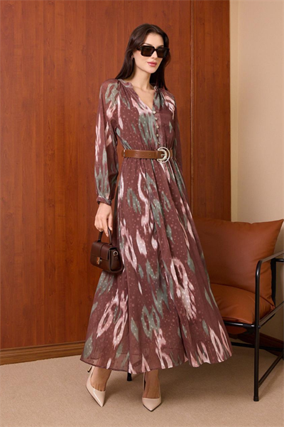 Kemerli Şifon Elbise - KAHVERENGİ