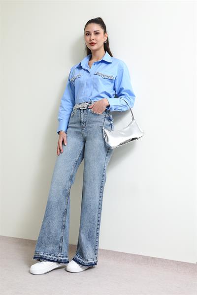 Kesik Paça Denim Pantolon - MAVİ