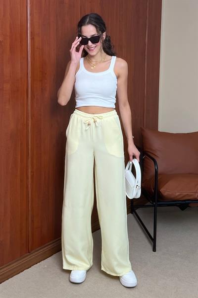 Keten Bağcıklı Pantolon - SARI