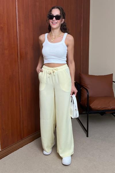 Keten Bağcıklı Pantolon - SARI
