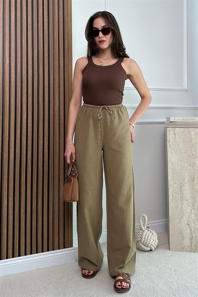 Keten Bol Paça Pantolon - HAKİ