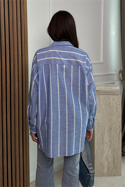 Keten Çizgili Oversize Gömlek - MAVİ