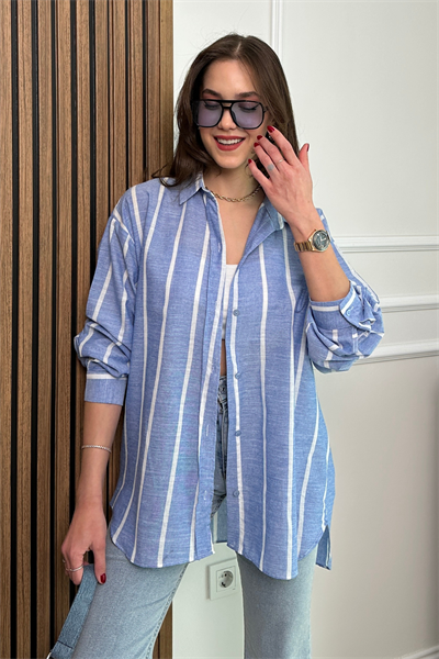 Keten Çizgili Oversize Gömlek - MAVİ