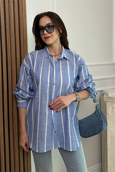 Keten Çizgili Oversize Gömlek - MAVİ