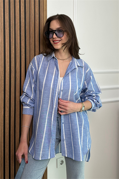 Keten Çizgili Oversize Gömlek - MAVİ