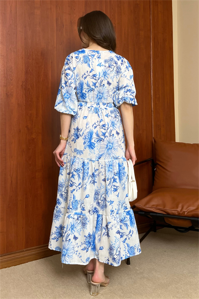 Keten Desenli Elbise - MAVİ