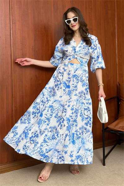 Keten Desenli Elbise - MAVİ