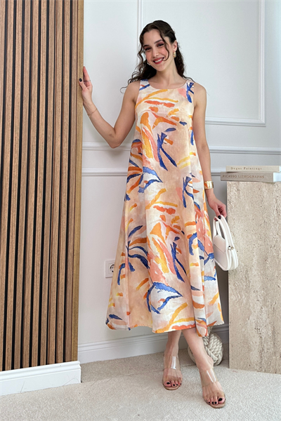 Keten Desenli Elbise - SARI