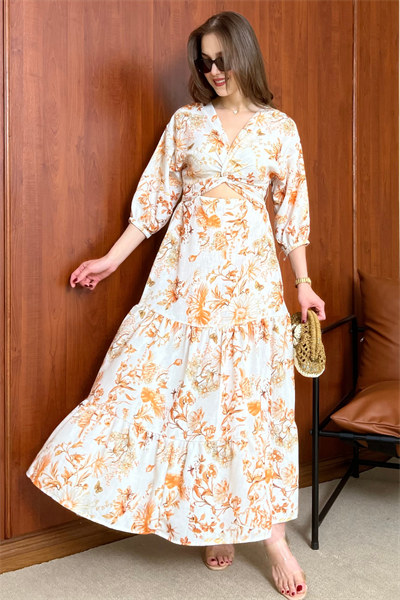 Keten Desenli Elbise - TURUNCU