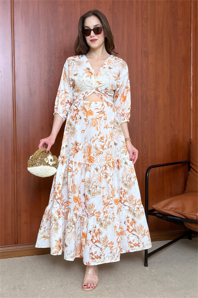 Keten Desenli Elbise - TURUNCU