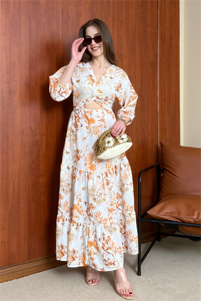 Keten Desenli Elbise - TURUNCU