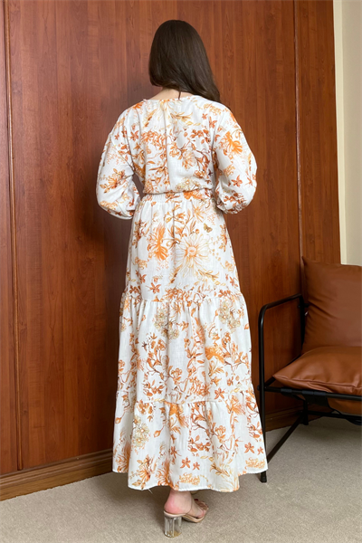 Keten Desenli Elbise - TURUNCU