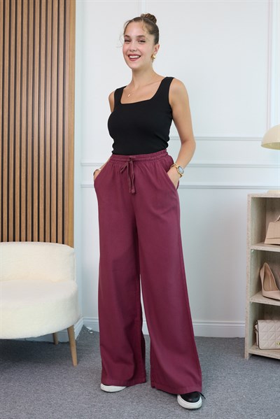 Keten Lastikli Pantolon - BORDO
