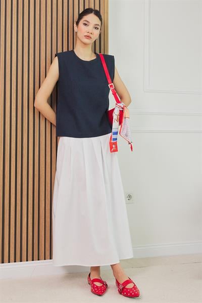 Keten Pileli Etek - BEYAZ