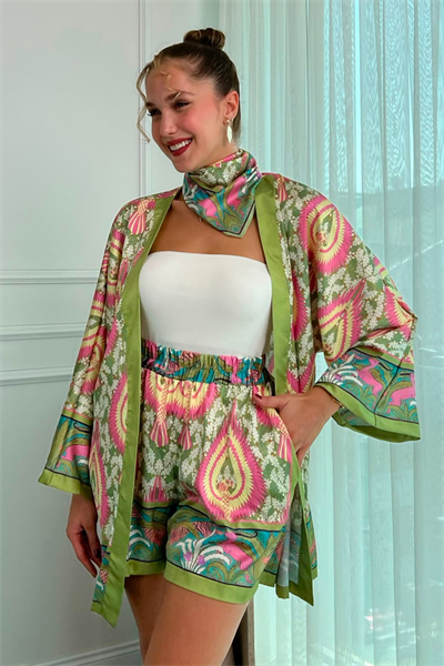 Kimonolu Saten Takım - YEŞİL