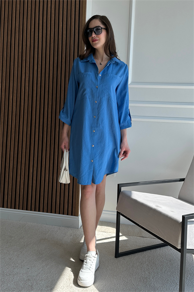 Kısa Gömlek Elbise - MAVİ