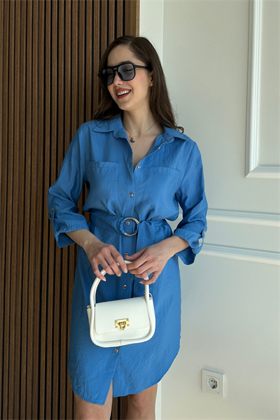 Kısa Gömlek Elbise - MAVİ