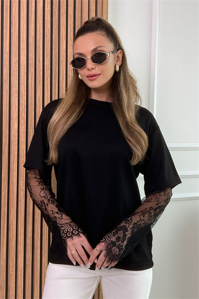 Kolu Dantelli T-Shirt - SİYAH