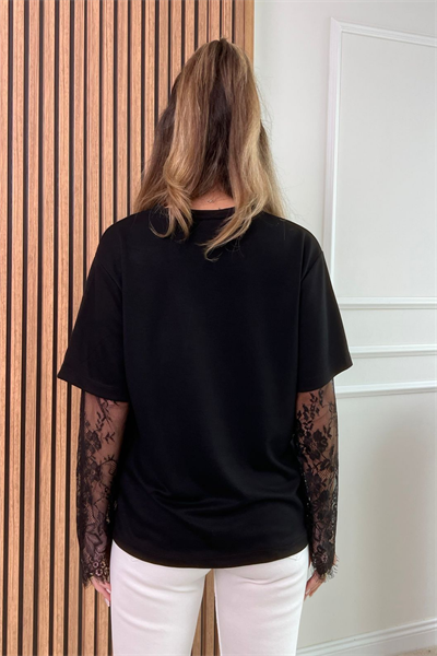 Kolu Dantelli T-Shirt - SİYAH