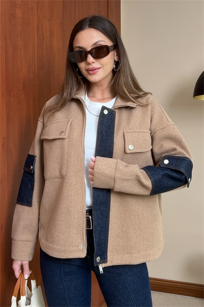 Kot Detaylı Triko Ceket - CAMEL