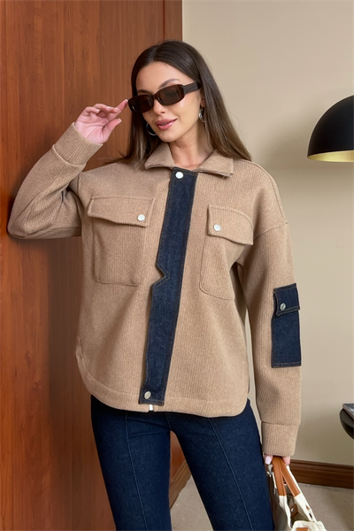 Kot Detaylı Triko Ceket - CAMEL