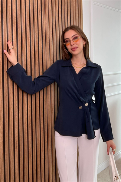 Kruvaze Gold Düğmeli Bluz - LACİVERT