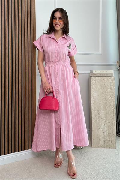 Kuş İşleme Gömlek Elbise - PEMBE