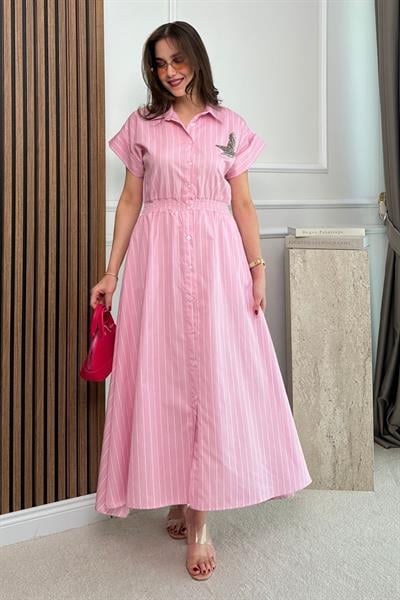 Kuş İşleme Gömlek Elbise - PEMBE