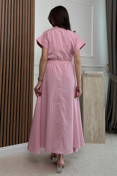 Kuş İşleme Gömlek Elbise - PEMBE