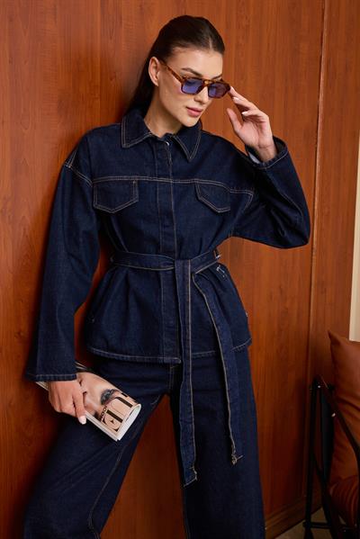 Kuşaklı Denim Takım - Lacivert
