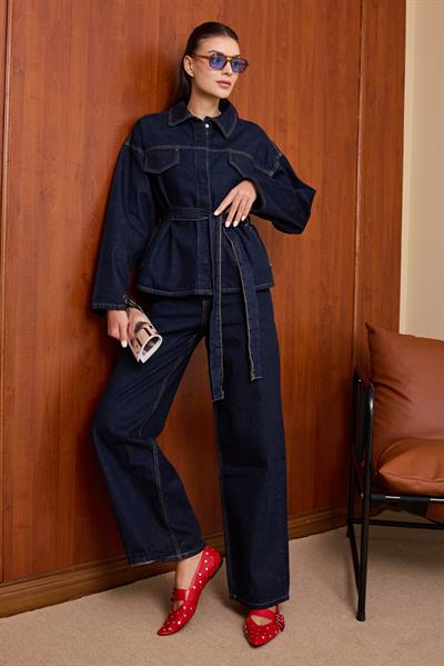 Kuşaklı Denim Takım - Lacivert