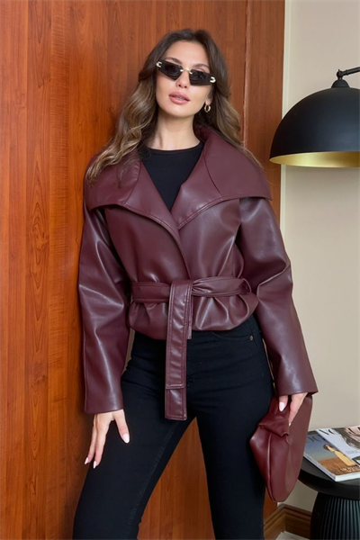 Kuşaklı Deri Ceket - BORDO