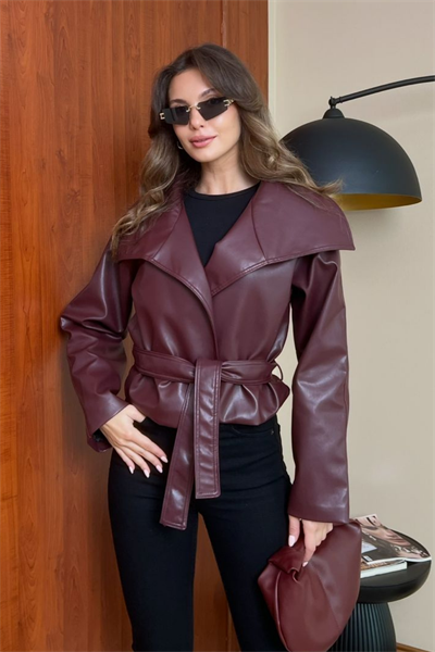 Kuşaklı Deri Ceket - BORDO