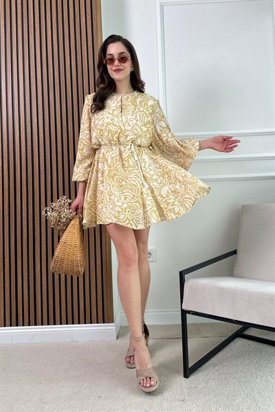 Kuşaklı Desenli Elbise - SARI