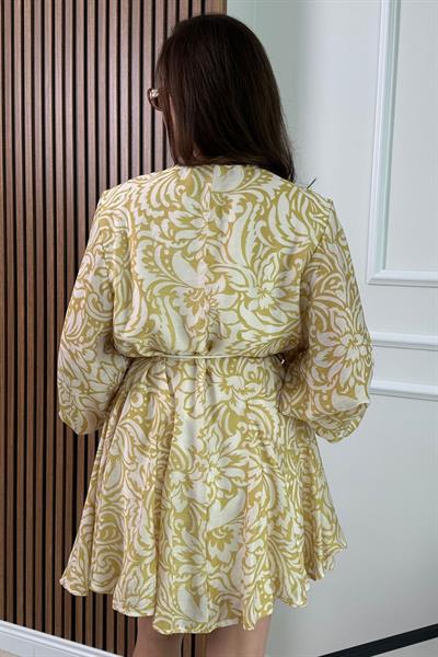 Kuşaklı Desenli Elbise - SARI
