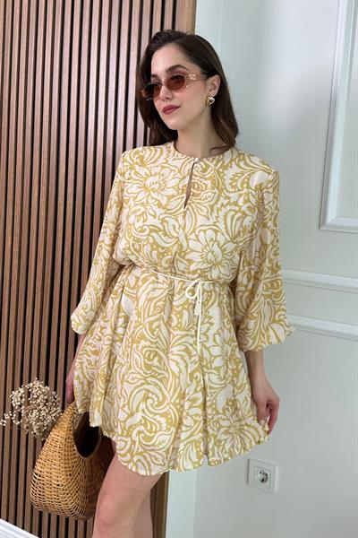 Kuşaklı Desenli Elbise - SARI