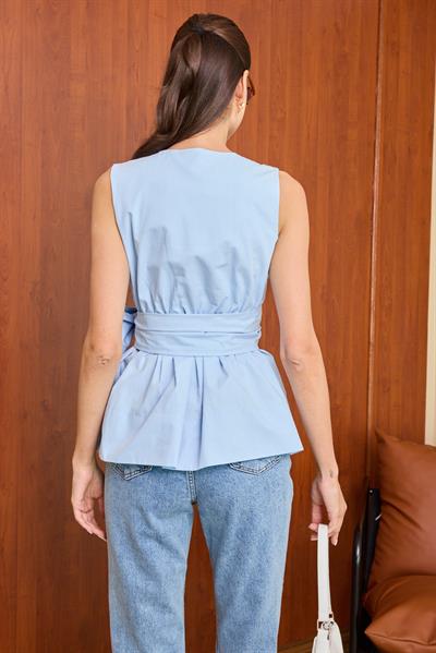 Kuşaklı Poplin Bluz - MAVİ