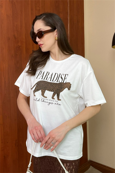 Leopar Baskılı T-Shirt - BEYAZ