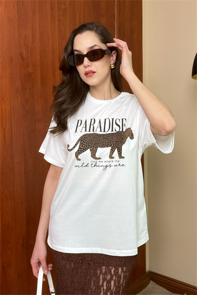 Leopar Baskılı T-Shirt - BEYAZ
