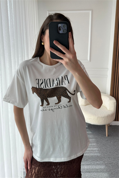 Leopar Baskılı T-Shirt - BEYAZ