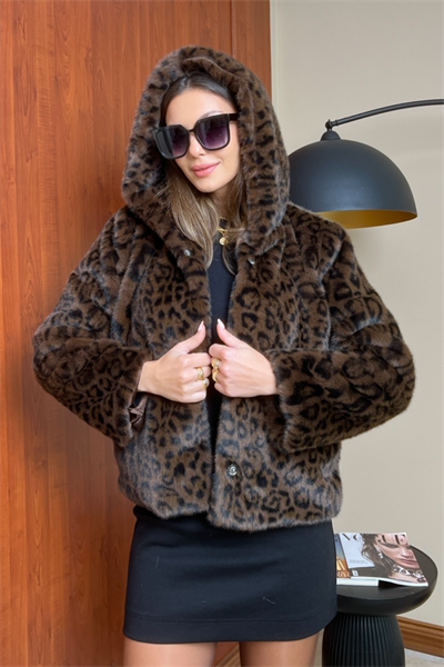Leopar Kürk Mont - KAHVERENGİ